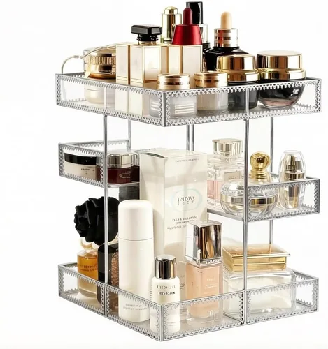 Organizador de cosméticos de rotación de 360 grados - Almacenamiento premium de maquillaje con base giratoria, almacenamiento de cosméticos estilo
