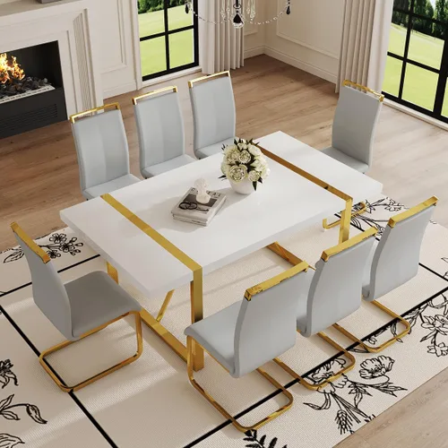 Miniatura 28 de Mesa de comedor Ebullient para 4, mesa de comedor rectangular negra de MDF, tapa de mesa de cena de mármol falso, mesa de comedor moderna con marco