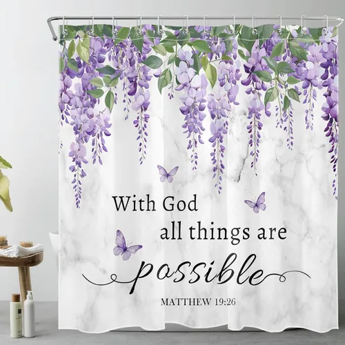 Miniatura 24 de LB Cortina de ducha de hortensias azules para baño, cortina de ducha rústica de girasol amarillo botánico y lavanda púrpura con ganchos, cortina