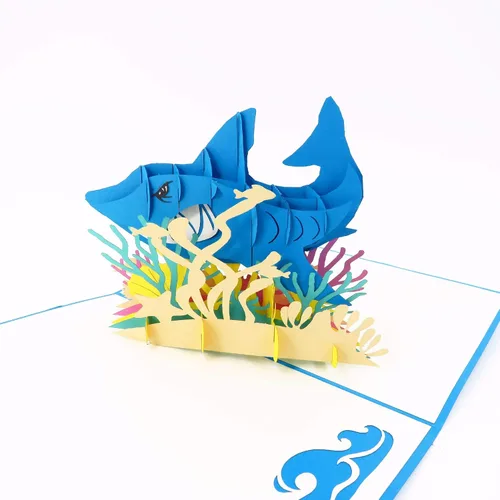 Miniatura 6 de Tarjeta desplegable de tiburón blanco, tarjeta de felicitación emergente 3D – Tarjeta desplegable de cumpleaños en el océano, felicitaciones