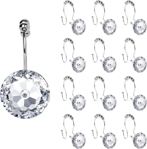 Miniatura 18 de Sunlit Diseño de Lujo Redondo Aqua Azul Diamante Cristal Gema Bling con Bolas Deslizantes Ganchos para Cortina de Ducha, Anillos para Cortina