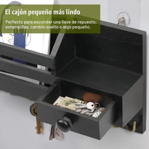 Miniatura 4 de Soporte para llaves de pared, organizador de correo adhesivo de madera y llaves con cajón, estante pequeño, 8 ganchos, 2 métodos de instalación