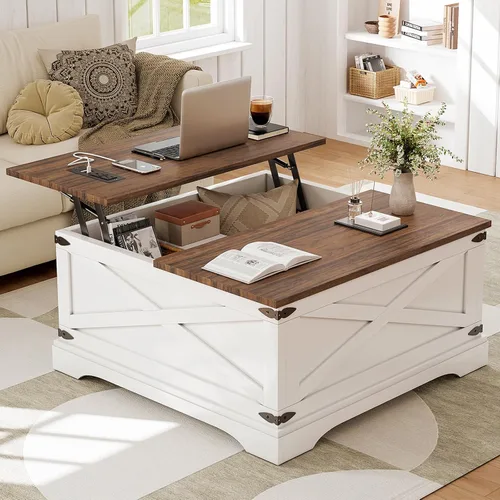 Miniatura 9 de BROTTAR - Mesa de centro con superficie elevable y almacenamiento, mesa cuadrada para sala de estar con puertos de carga, mesa de comedor