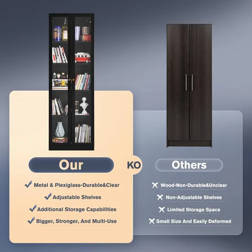 Miniatura 6 de Gabinetes Curio de metal de 5 niveles, gabinete moderno de 71 pulgadas de alto con 4 estantes ajustables, vitrina para oficina en casa, sala