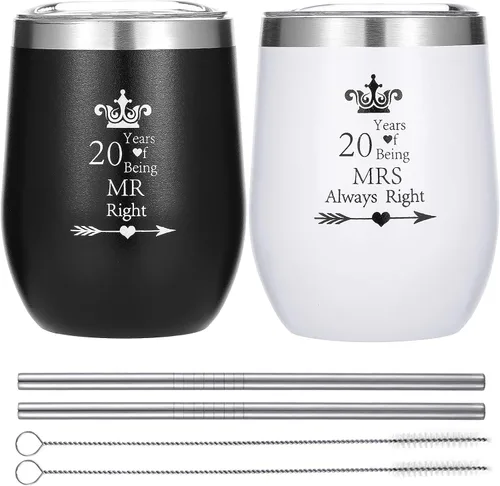 Paquete de 2 vasos de vino de 20 años Mr Right Mrs Always Right 20º aniversario de boda, compromiso, copas para parejas y padres, de acero