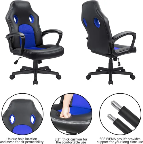 Miniatura 8 de Silla ejecutiva de piel para oficina, sala de conferencias o videojuegos con respaldo alto, ergonómica, ajustable., Cuero, Azul