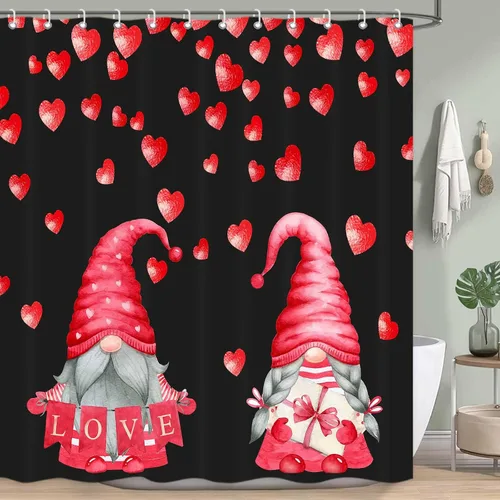 Miniatura 4 de Cortina de ducha de gnomo de San Valentín, decoración romántica de baño con corazones rojos, juego de cortinas de baño rojas y negras, decoración