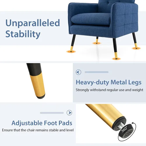Miniatura 5 de Giantex Silla decorativa moderna de mediados de siglo, sillón tapizado con respaldo copetudo, patas de metal, almohadillas ajustables, sofá
