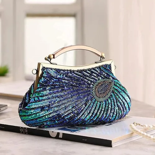 Miniatura 7 de Bolso de noche único de lentejuelas de lujo con cuentas de la boda nupcial del partido del baile de fin de curso bolso de mano (azul pavo real)