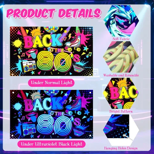 Miniatura 3 de Breling Cartel de fondo de Back to the 80's Retro Neon 80s que brilla en la oscuridad, decoraciones de fiesta colgantes de hip hop, decoración