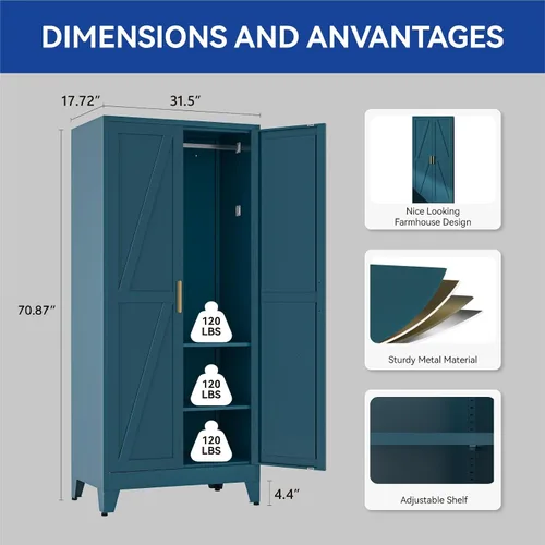 Miniatura 3 de COFaR Armario de metal de 71 pulgadas, armario de acero con barra ajustable para colgar y estantes, 2 puertas de almacenamiento para dormitorio