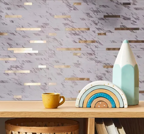 Miniatura 6 de Azulejo contra salpicaduras de 10 hojas, azulejos de metal mixto de PVC para cocina (mármol blanco + dorado 2, 10)