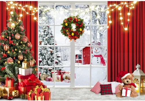 Laeacco Telón de fondo de poliéster de 5 x 3 pies con ventana de Navidad, escenario de fotografía, árboles de Navidad, regalos, luces con purpurina,