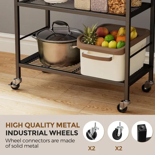 Miniatura 5 de Estante de almacenamiento de metal de 3 niveles con ruedas industriales, estantería de malla con mesa de madera, estante ajustable, 23.6 pulgadas