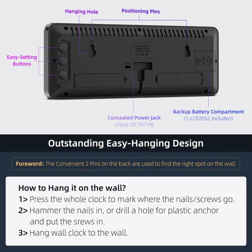 Miniatura 6 de Reloj de pared digital LED con pantalla RGB dinámica, dígitos grandes, brillo automático, formato de 12/24 horas, moderno reloj de pared eléctrico