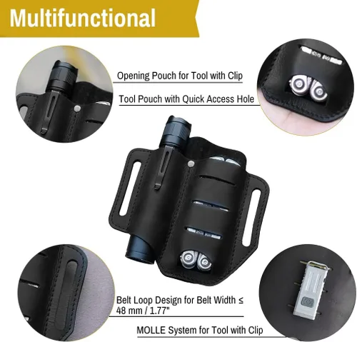 Miniatura 4 de VIPERADE PJ8 - Funda pequeña de cuero EDC para cinturón, funda multiherramienta de cuero, organizador de cinturón EDC, hecho a mano, 2 bolsillos