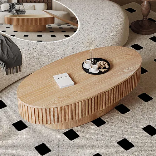 Miniatura 13 de Mesa de café cuadrada pequeña con almacenamiento, mesa de café moderna de madera con chapa de madera maciza, mesa central estriada