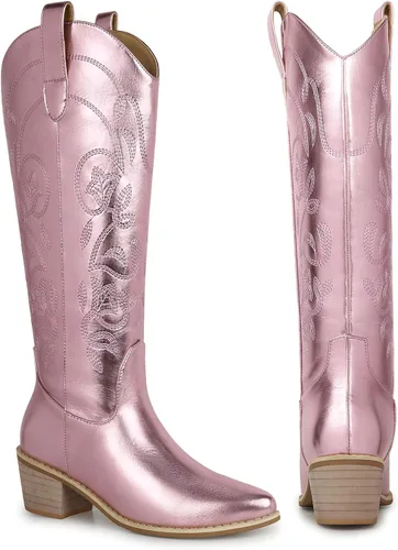 Miniatura 5 de SHIBEVER Botas vaqueras vaqueras para mujer Botas hasta la rodilla para mujer, botas occidentales bordadas con tacón grueso y ancho de pantorrilla