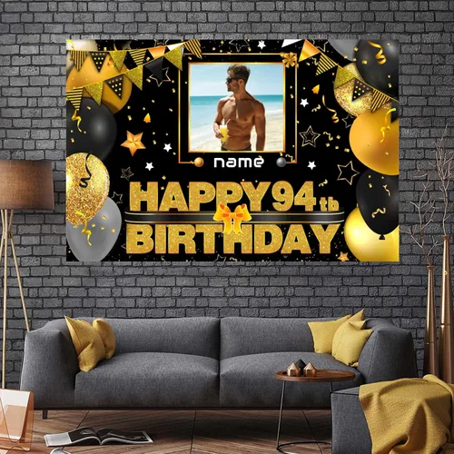 Miniatura 7 de Cartel decorativo personalizado de feliz cumpleaños número 100 - Personalización disponible - Negro y dorado - Tamaño grande - Admite fotos
