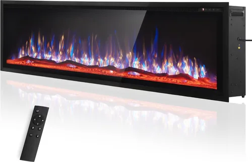 Miniatura 10 de PPHI Villa - Chimenea eléctrica ultra estrecha de 42 pulgadas, chimenea realista de alta llama montada en la pared/empotrada con cama multimedia