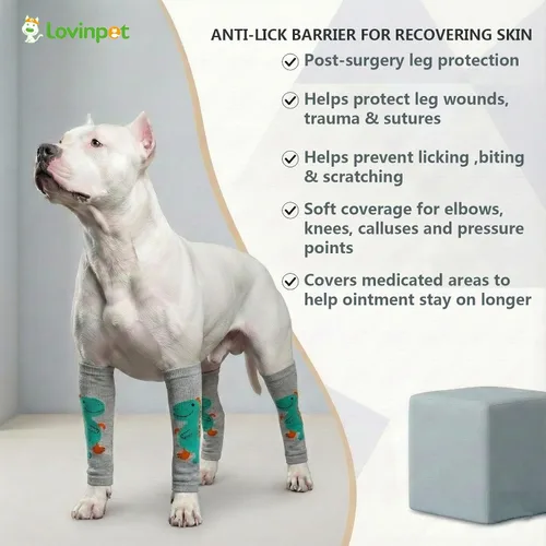 Miniatura 5 de LovinPet Paquete de 4 rodilleras para perro, calentadores de piernas estilo dinosaurio para perros medianos y grandes, elásticos en 4 direcciones