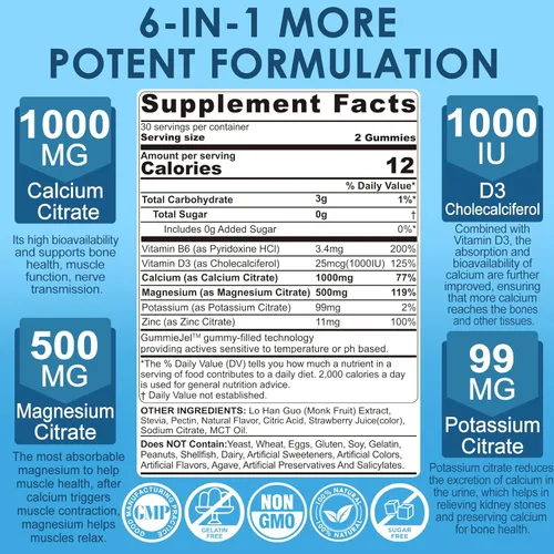 Miniatura 2 de Citrato de calcio Vitamina D3 1000IU Gomitas para mujeres y hombres, complejo de salud ósea sin azúcar con calcio, magnesio, zinc potasio y B6, alta
