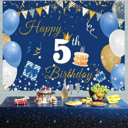 Miniatura 3 de Cartel de fondo de 5º cumpleaños para niños y niñas, azul, 59 x 35.4 pulgadas Póster de tela con letrero de fondo, suministros de fiesta de quinto