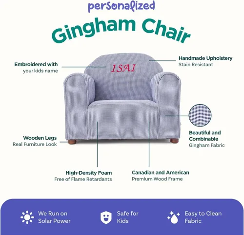 Miniatura 6 de Silla personalizada de cuadros para niños con bordado de nombre personalizado, tela de microgamuza suave, cojín acolchado, marco de madera, de 2 a 5
