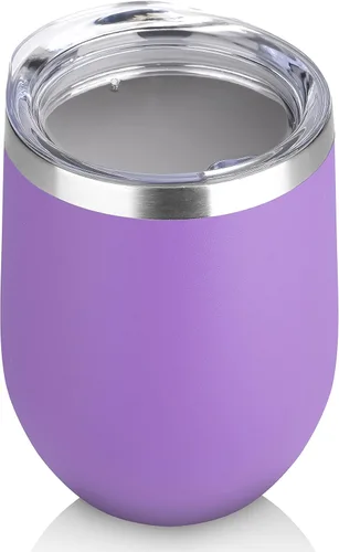 DOMICARE - Vaso de vino de 12 onzas con tapa, hecho de acero inoxidable con aislamiento al vacío de doble pared, paquete de 1 unidad, color morado