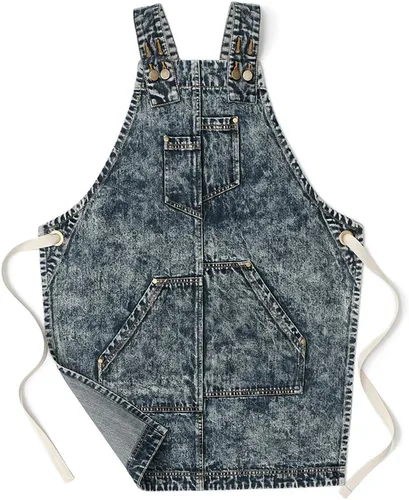 Miniatura 10 de Jeanerlor - Delantal de mezclilla con 4 bolsillos para mujeres y hombres - Estilo lavado correas cruzadas en la espalda y ajustable S a XXXL, Azul