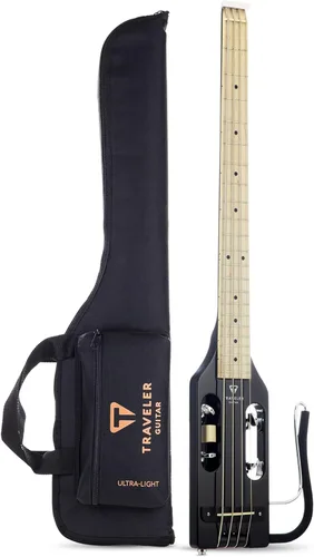 Traveler Guitar Guitarra Bajo Ultra-Ligera Negro Brillante | Guitarra de Bajo de Viaje Pequeña con Apoyo de Regazo Removible | Guitarra Portátil sin
