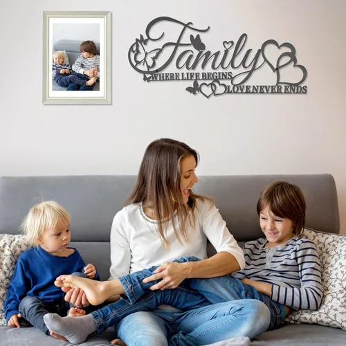 Miniatura 5 de Family Where Life Begins Love Never Ends Word - Decoración de pared de metal negro con corazón de mariposas, escultura colgante de letras de hierro