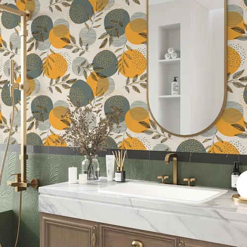 Miniatura 8 de VEELIKE Papel tapiz geométrico bohemio gris naranja con diseño geométrico de hojas vintage para dormitorio, sala de estar, papel de pared Accet