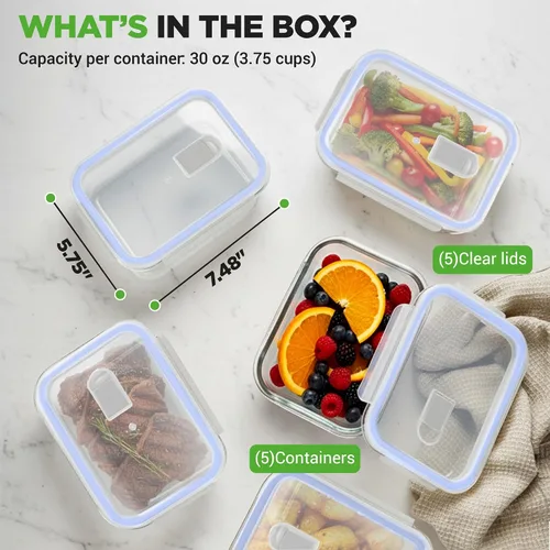 Miniatura 6 de NutriChef 10 recipientes de vidrio para almacenamiento de alimentos con tapas, recipientes de preparación de comidas de 30 onzas, reutilizables, Azul
