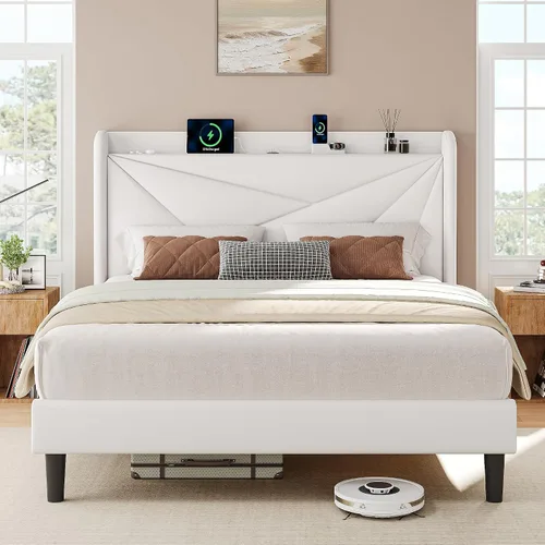 Miniatura 18 de iPormis Base de cama tamaño Queen con estación de carga, marco de cama de plataforma de lino con cabecera tapizada con respaldo de ala, soporte