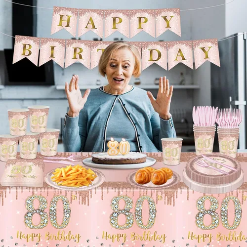Miniatura 5 de 98 platos para fiesta de cumpleaños n.° 80, suministros para fiesta de cumpleaños de 80 años, decoraciones de fiesta de 80 cumpleaños para mujeres