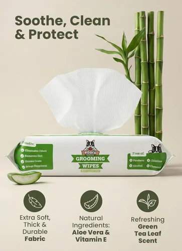Miniatura 3 de Toallitas de aseo para perros de Pogi – Toallitas hipoalergénicas para mascotas para patas, cuerpo y trasero – Limpieza e hidratación, aroma a té