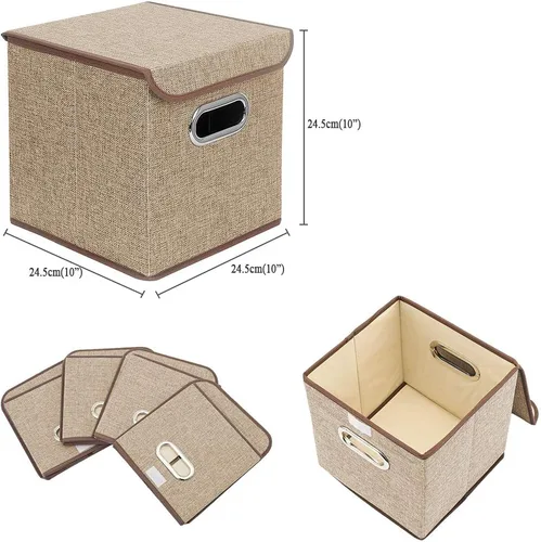 Miniatura 2 de Juego de 4 contenedores plegables de tela de lino con tapa, cajas organizadoras plegables, 10 x 10 x 10 pulgadas (beige)