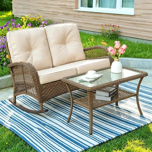 Miniatura 30 de MEETWARM Juego de 3 piezas de mimbre giratorio para patio al aire libre, mecedoras, juegos de muebles de patio de ratán con cojín grueso y mesa