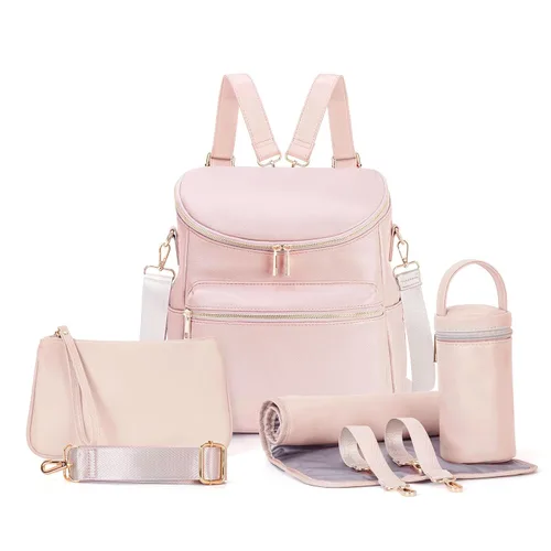 Miniatura 10 de Mochila para pañales, mochilas de cuero de moda para mamá, bolsas de pañales para bebés pequeños con organizador en bolsa y cambiador, Negro, M