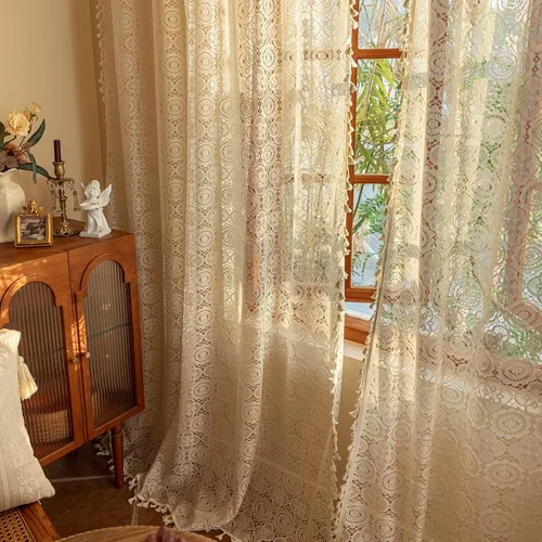 Miniatura 33 de YJ YANJUN - Cortinas de café boho, 24 pulgadas de largo, 2 paneles, cada una de 59" de ancho x 24" de largo, beige, con crochet, cortinas de cocina