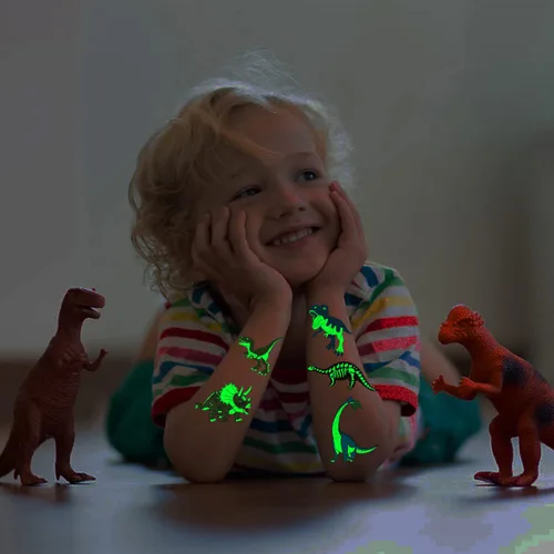 Miniatura 4 de CHARLENT Tatuajes luminosos de dinosaurio para niños, 14 hojas de tatuajes temporales de dinosaurios que brillan en la oscuridad para niños y niñas