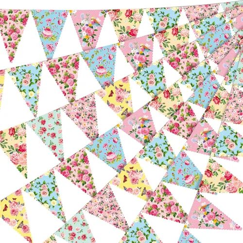 Faccito 60 unidades de papel para fiesta de té floral de 49 pies, decoración de banderines al aire libre, banderines florales, guirnalda de flores