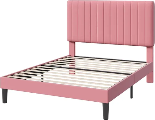 Miniatura 11 de HOOMIC Twin Bed Frame, Velvet Upholstered Platform Bed with Adjustable Vertical Channel Tufted Headboard, Mattress Foundation with Strong Wooden