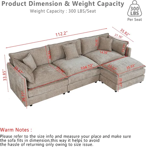 Miniatura 2 de Setawix Sofá Profundo de 3 Plazas con Otomana, Sofás de Nube en Forma de L de 112.2" para Sala de Estar, Sofá de Nube de Chenilla con Asiento Café