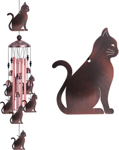 Campanillas de viento de jardín para gatos al aire libre y en interiores - con 4 tubos, 6 campanas, 7 gatos, atrapaventos de gatos móviles