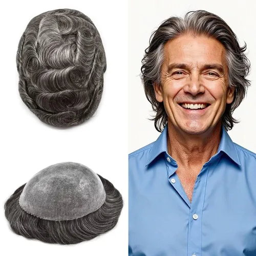 Miniatura 41 de Peluca completa de poliuretano para hombre, sistemas de reemplazo de cabello humano, piel fina y duradera, para hombre, prótesis de cabello