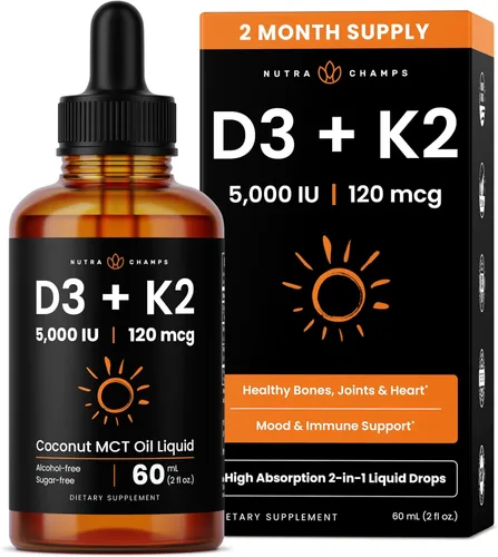 NutraChamps Gotas de vitamina D3 K2, vitamina líquida D3 5000 UI y K2 D3 con MK7, gotas de vitamina D para niños, huesos, salud cardíaca e