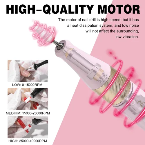 Miniatura 2 de YOKE FELLOW Taladro de uñas – 40000 RPM lima de uñas eléctrica para uñas acrílicas profesional con 12 brocas de manicura, pedicura, pulido de uñas