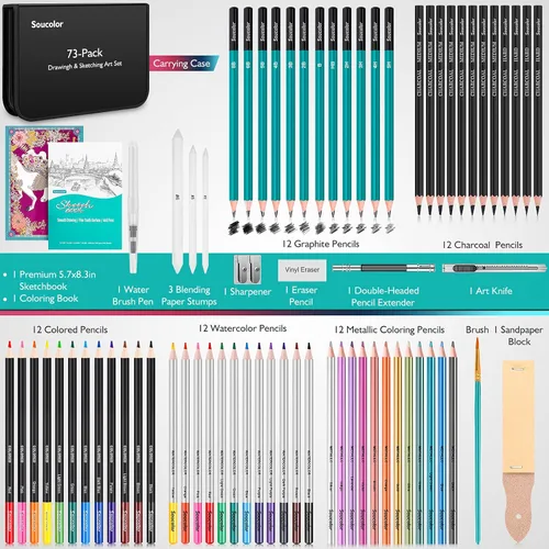 Miniatura 2 de Soucolor Paquete de 73 suministros de arte para adultos, regalos de artistas, suministros escolares, lápices de dibujo con cuaderno de bocetos
